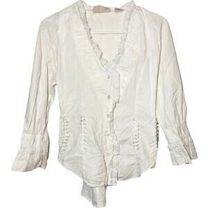 Scully Button Up Shirt Bell Sleeve Lace Trim Collarless Cinch Back White Medium